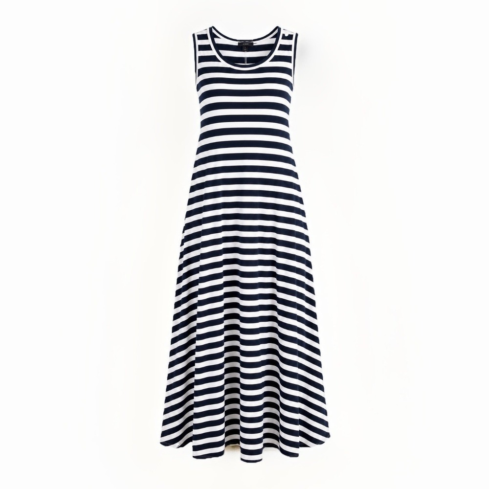 J.CREW Navy Breton Striped Cotton A line High Low Maxi Dress L Nautical Preppy